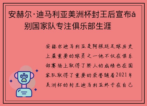 安赫尔·迪马利亚美洲杯封王后宣布告别国家队专注俱乐部生涯 安赫尔·迪马利亚美洲杯封王后宣布告别国家队专注俱乐部生涯